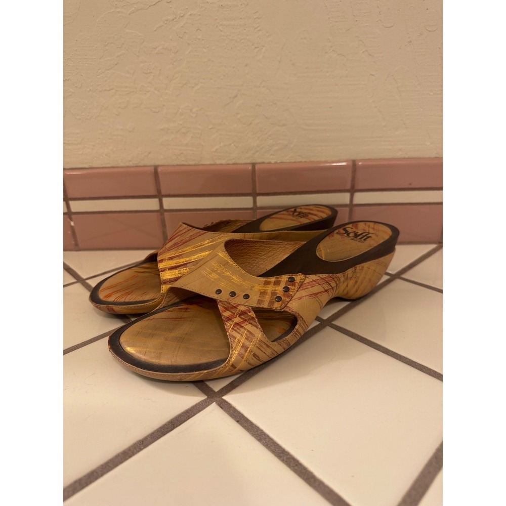 Söfft Gold Red Cross Strap Comfort Wedge Sandals Slides Size 8.5 M‎